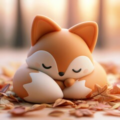 Fototapeta premium A cute fox made of soft clay lies curled up in a bed of fallen leaves, with a muted forest backdrop during the autumn season.