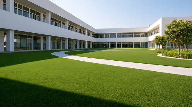 Modern minimalist white architecture building exterior with large glass windows, lush green grass courtyard, curved walkway, and bright blue sky