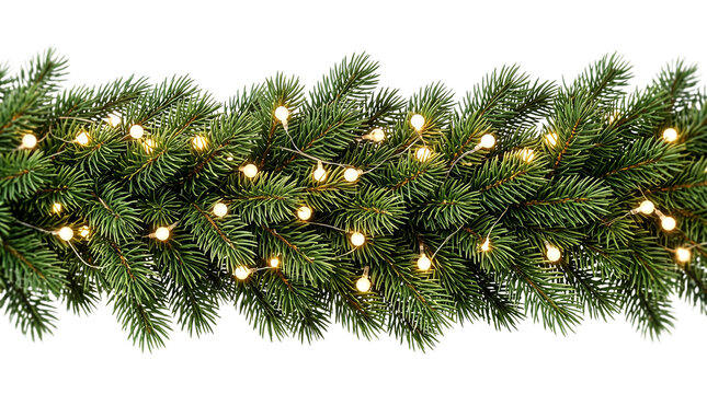 Christmas pine garland decorated with glowing fairy lights is isolated on a transparent background.