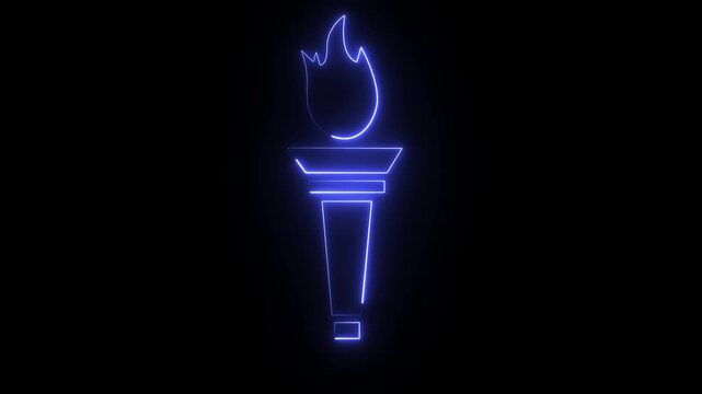 A glowing blue neon-style line icon of a burning torch against a dark background.