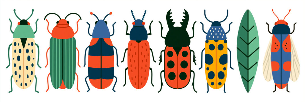 Colorful collection of cartoon-style insects on a white background.