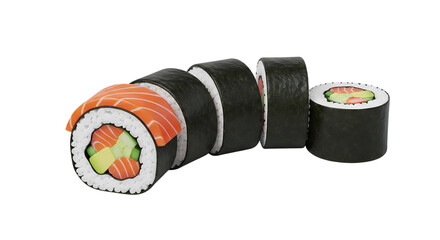Deliciously Crafted Salmon and Avocado Maki Sushi Rolls, Perfectly Cut and Arranged, Offering a Tempting View of Healthy Japanese Cuisine on a White Background © Graphics River