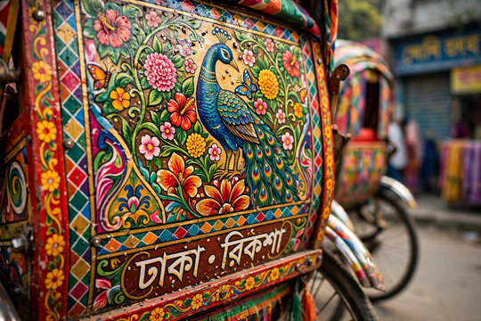 Colorful Traditional Bangladeshi Rickshaw Art With Peacock Painting And Floral Design Dhaka Rickshaw Text