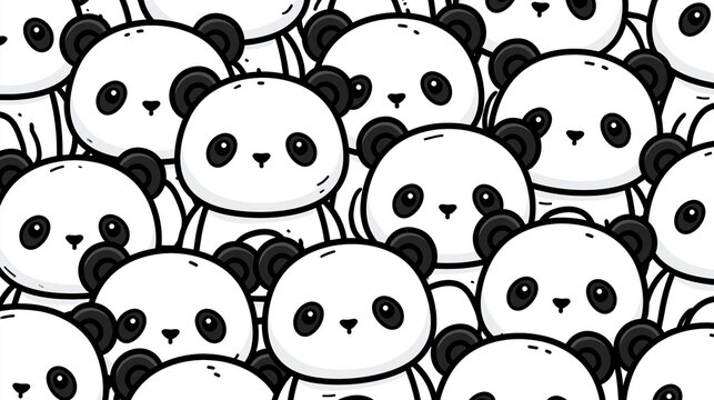 Cute cartoon pandas in a playful, crowded arrangement.