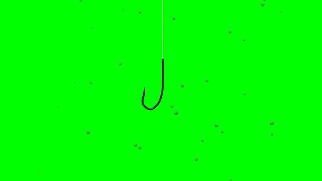 Fishing Hook Descending with Bubbles on Green Screen