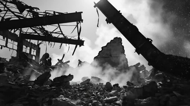 Black and white shot of a war scene showing a destroyed building with rubble and smoke in the aftermath of a conflict