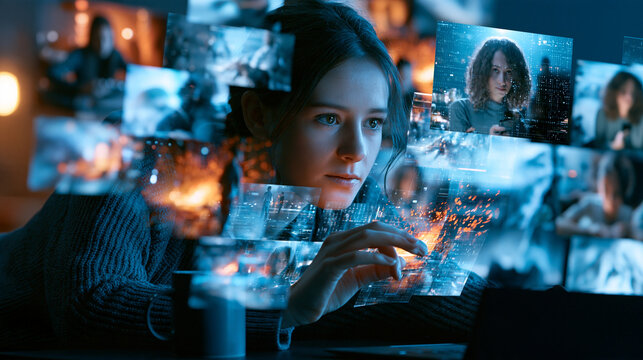 Frau betrachtet konzentriert eine Vielzahl schwebender digitaler Bildschirme in einem abgedunkelten Raum, futuristischer Stil, geeignet f&uuml;r Artikel &uuml;ber Medienkonsum.