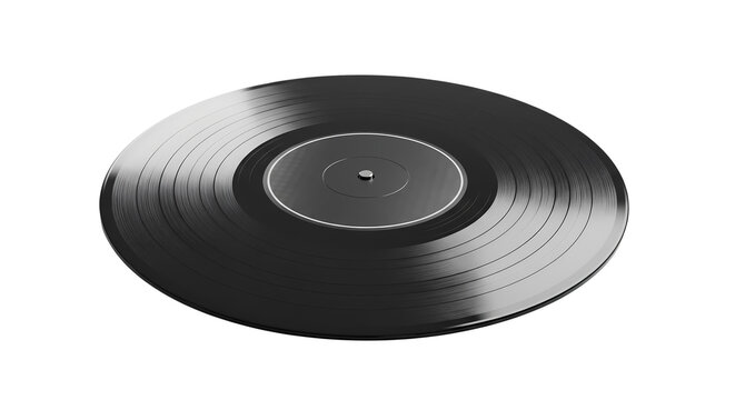 Classic black vinyl record LP disc isolated on a white background, angled view of vintage audio media