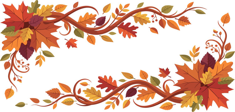 Autumn foliage corner borders with colorful fall leaves and twisting tree branches isolated on white vector