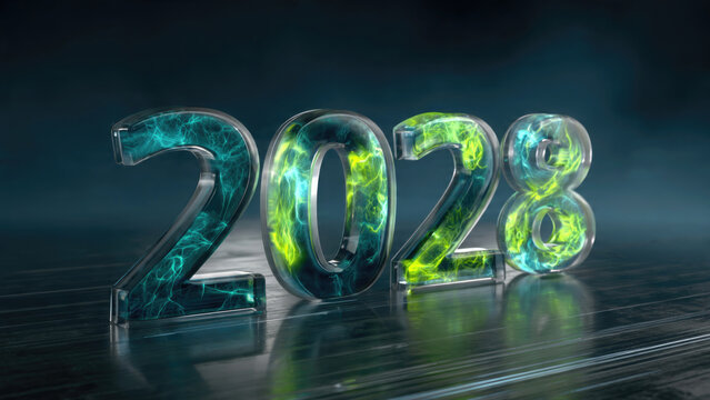 Vibrant three dimensional rendering of the year 2028 with glowing teal and green energy