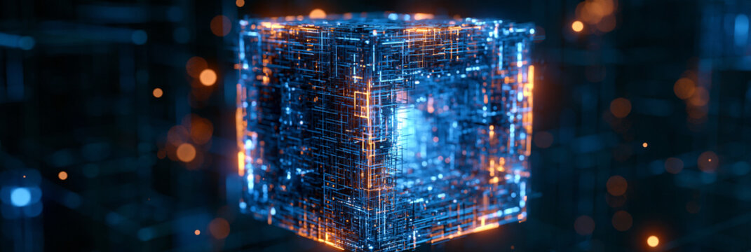 Leuchtender blauer W&uuml;rfel mit digitalem Schaltkreismuster vor dunklem Hintergrund, futuristisch abstrakt, f&uuml;r Pr&auml;sentationen zu k&uuml;nstlicher Intelligenz.
