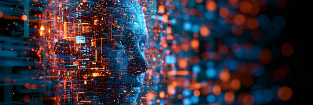 Digitales Gesicht aus leuchtenden Schaltkreismustern in Blau und Orange, futuristischer Stil f&uuml;r k&uuml;nstliche Intelligenz und Technologiepr&auml;sentationen.