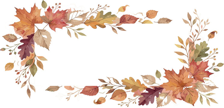 Watercolor autumn foliage corner frames with rustic fall leaves and branches isolated on white background vector