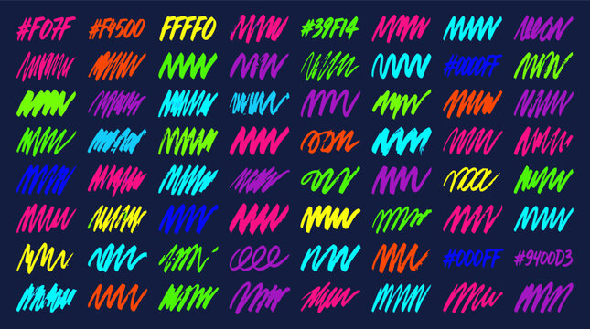 Neon scribble strokes vector collection. Includes colorful marker marks, zig-zag lines, and hex codes. Bright vibrant scribbles for digital art, graphic design, and modern creative projects.