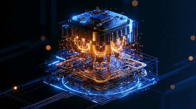 Prozessor mit digitalem Drahtgittermodell und blau-orangenem Leuchten auf Platine, futuristisch, f&uuml;r Illustrationen zu Rechenleistung und Datenverarbeitung.