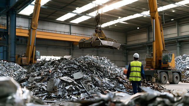 Industrial worker in safety gear oversee scrap metal recycling operation inside large warehouse facility with heavy machinery and crane lift