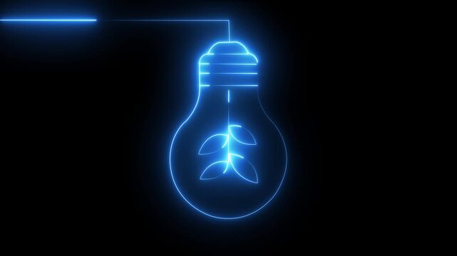 Green energy concept glowing neon lightbulb with lightning bolt and leaf symbol on black background ,Lightbulb neon leaf continuous line drawing animation. Sprout with leaves inside lam.lowing light .