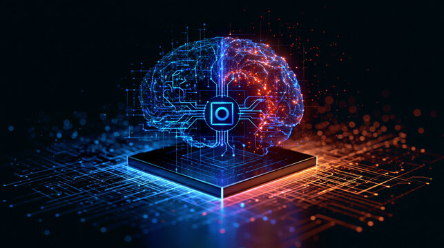 Halb organisches, halb digitales Gehirn &uuml;ber einem Mikroprozessor, blau-rote Beleuchtung, futuristischer Stil, ideal f&uuml;r Pr&auml;sentationen zu k&uuml;nstlicher Intelligenz.