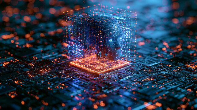 Vertikal aufragender Mikrochip mit blau-orangem Leuchten auf dunkler Platine, futuristischer Stil, geeignet f&uuml;r Unternehmenspr&auml;sentationen zu k&uuml;nstlicher Intelligenz.