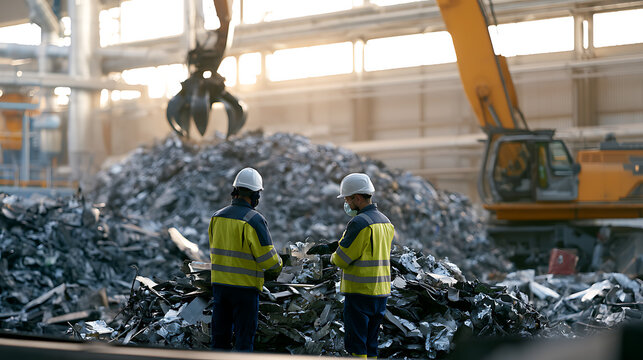 Industrial workers in safety helmets and vests supervise scrap metal recycling process at a large facility with heavy machinery and excavator