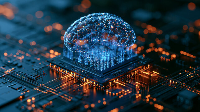 Leuchtendes blaues Gehirn &uuml;ber Platine, futuristisch abstrakt, symbolisiert k&uuml;nstliche Intelligenz, ideal f&uuml;r Technologiepr&auml;sentation und Titelbild.