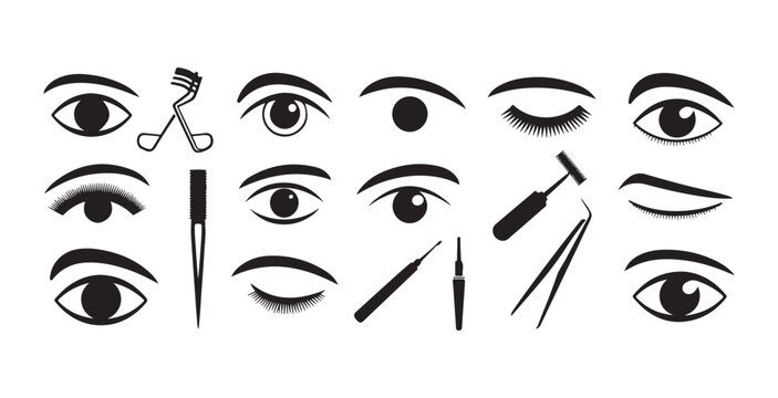 Professional eye makeup tools and eyelash extension application icons for beauty salon services.