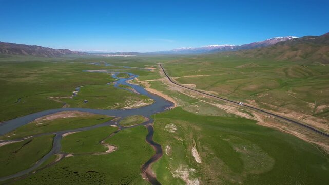 Aerial View of Green Prairie River and Scenic Highway