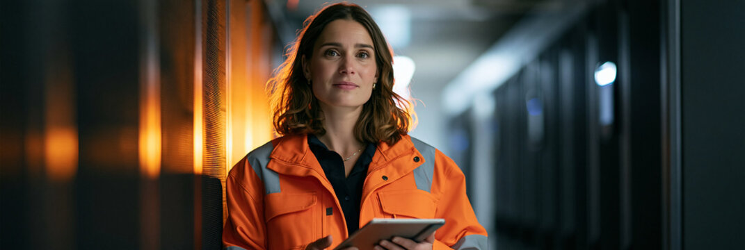 Fachkraft in oranger Warnjacke geht mit Tablet durch einen rot beleuchteten Serverflur, realistischer Stil, geeignet f&uuml;r Brosch&uuml;ren der Technologiebranche.