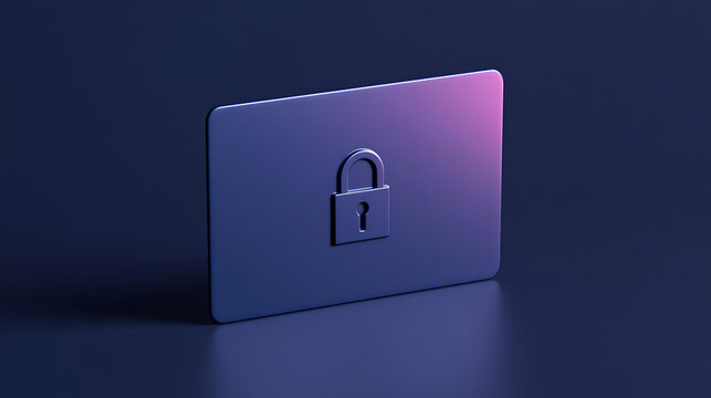 Secure access card with padlock icon on dark blue background, minimal 3D illustration symbolizing cybersecurity and data protection concept