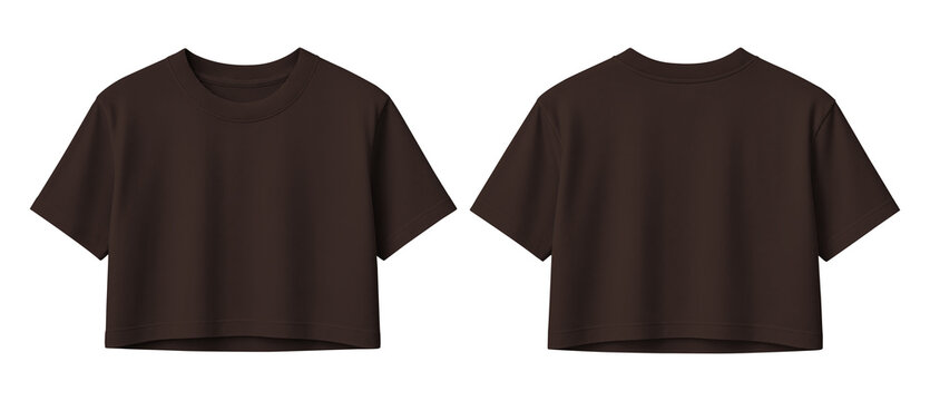Plain Dark Brown Cropped T-Shirt Front and Back View on Transparent Background