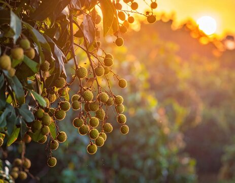 Fresh longan fruit bunches hanging on tree at sunset.