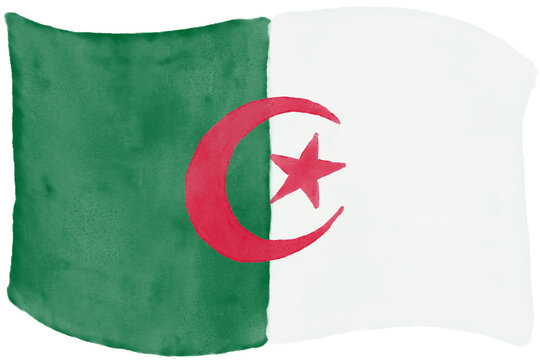 Hand drawn watercolor Algeria flag green and white with red crescent and star handpainted watercolor illustration isolated on white background. Handmade national flag painting artwork.
