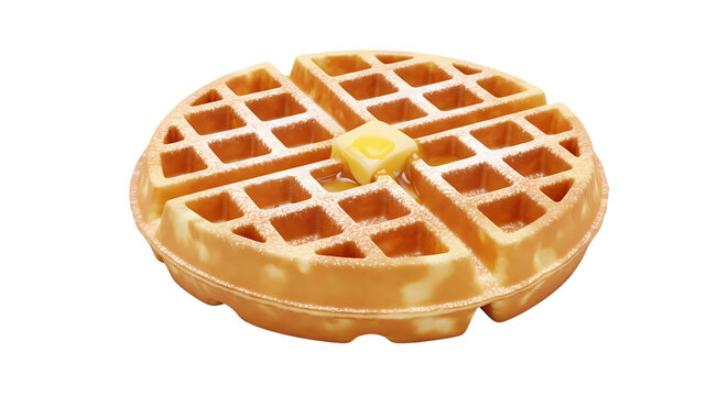 Delicious Golden Brown Belgian Waffle with Melting Butter and Maple Syrup Isolated on White Background