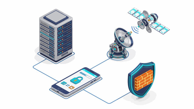 Data server communicates with satellite systems and mobile security. Illustrations