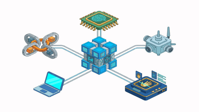 Blockchain network links computing processors and decentralized devices. Illustrations