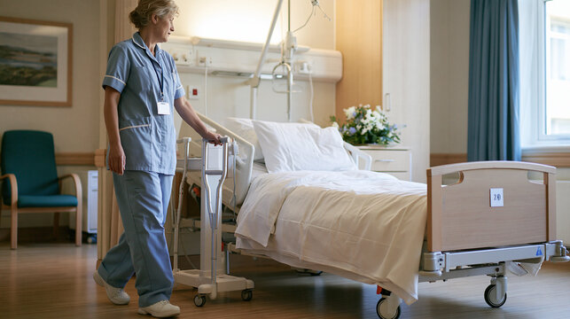 Pflegekraft stellt Krankenbett in leerem Patientenzimmer ein, realistische Darstellung des Klinikalltags f&uuml;r Gesundheitswebsite.