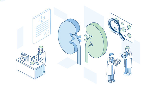 Team of medical researchers in a laboratory studying human kidney models and conducting scientific analysis.