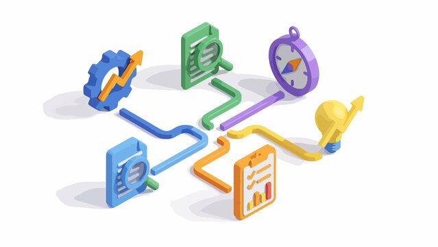 Business process icons connect together in an isometric workflow diagram. Illustrations