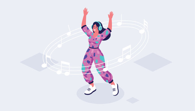 Energetic young woman wearing headphones dancing inside a swirling ring of white musical notes and staff lines.