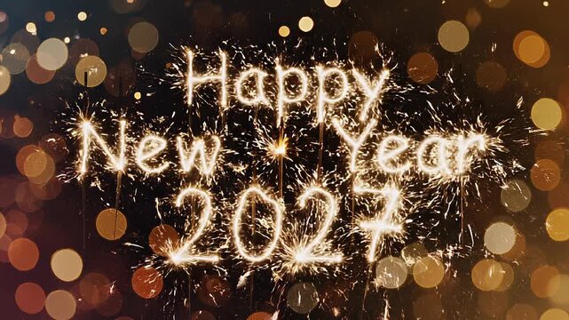 Happy new year 2027 sparkler text celebration background, with glowing golden, bokeh lights and, festive firework particles