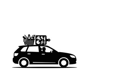 Fototapeta premium Black silhouette of car carrying picnic supplies on white background