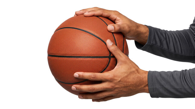 Basketball secured from the side with both hands stacked closely together in control shown as PNG isolated transparent background