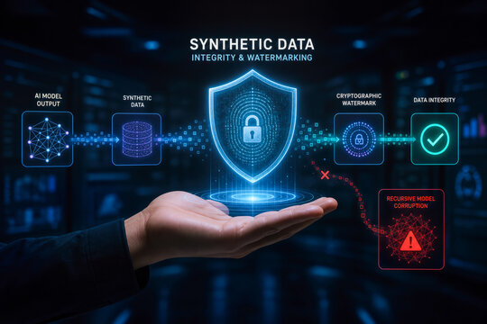 Synthetic Data Integrity & Watermarking cryptographic watermarking to prevent recursive model corruption in AI web-scraped datasets hand presenting shield concept for tech firms