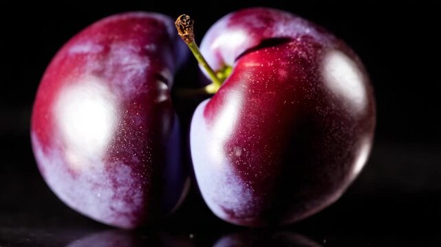 Closeup focused plum with smooth reflective skin isolated on black background controlled lighting rich color depth and sharp focus