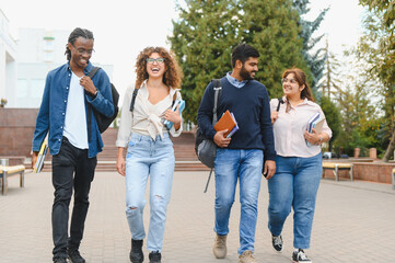 Fototapeta premium Diverse students walking happy on university campus
