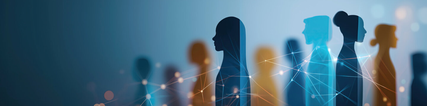 Silhouettes of diverse people linked by a digital network line on a blue background.
