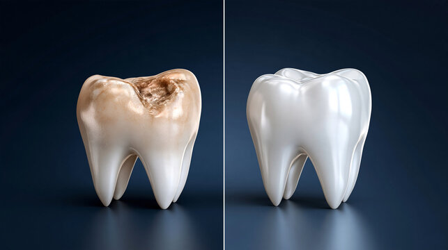 Ultra photorealistic split comparison of chipped stained molar on left, flawless polished molar on right, dark dramatic background, copy space above,