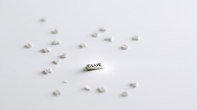 Minimalist composition with letter tile spelling word clue surrounded by scattered random letters on a plain clean white background top view