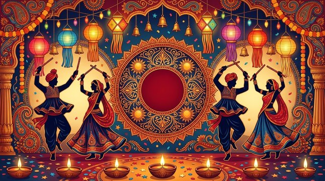 Silhouetted indian couples performing traditional garba dance with wooden sticks during the vibrant navratri festival celebration featuring glowing lanterns and colorful floral rangoli patterns