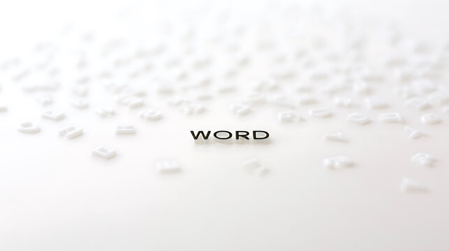 Minimalist photo of the single word spelled out clearly on a white background with blurred letters scattered all around for concept design